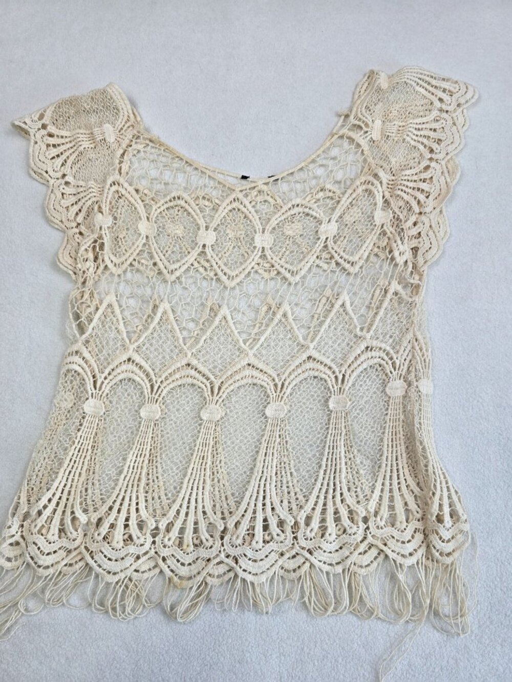 Crochet Lace Sleeveless Blouse Top Women Cream Boho Feminine Small